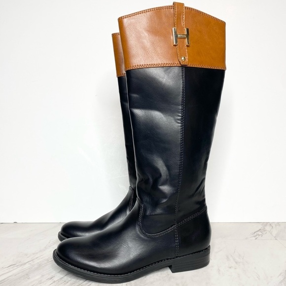 New! Tommy Hilfiger Shyenne Black Brown Faux Leather Tall Boot 8 - Picture 1 of 16